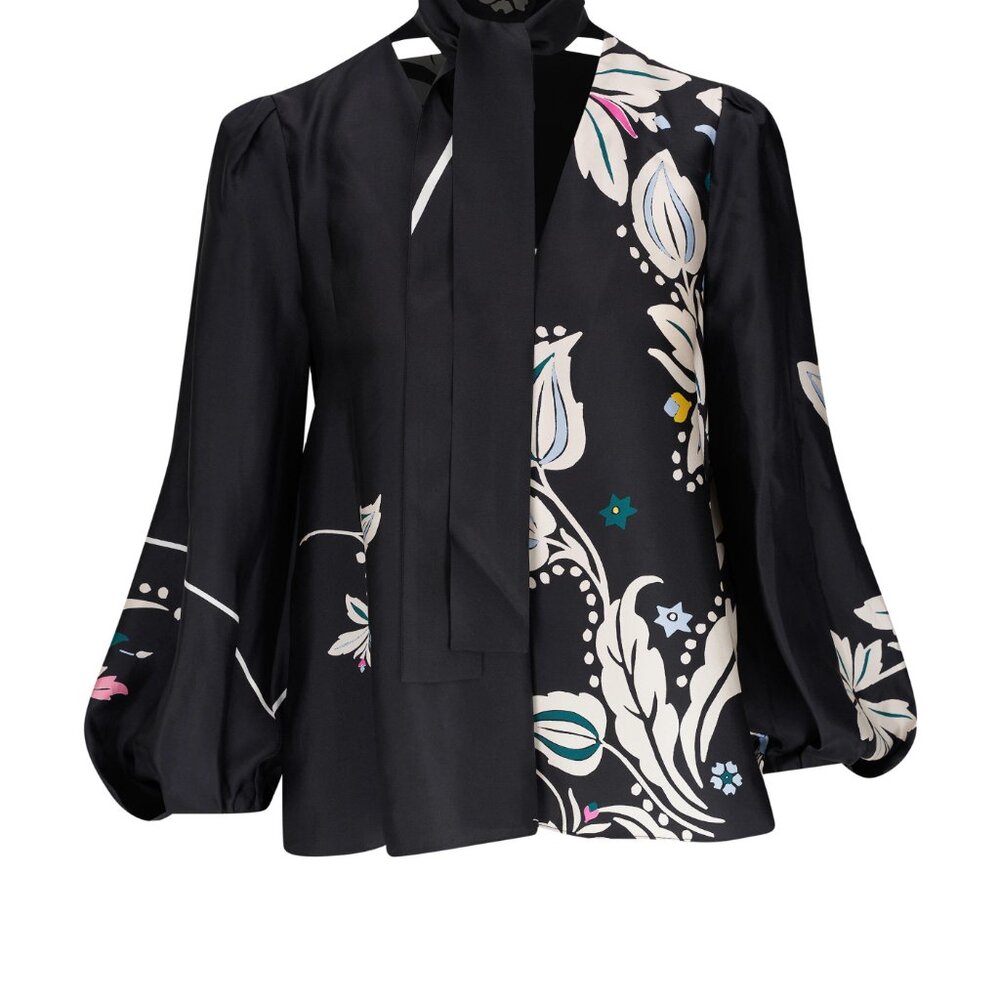 DOROTHEE SCHUMACHER - Silk Tie Neck Blouse Flower Whirl Print Black US Size 8